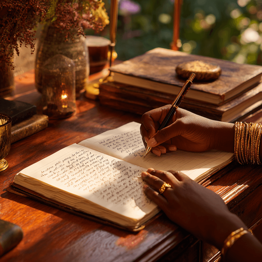 Hands writing a story